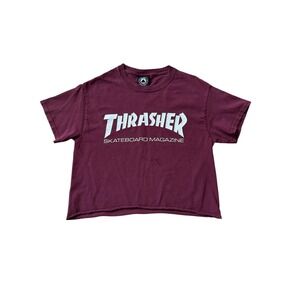 Thrasher Skateboard Magazine Logo Cropped T-Shirt Burgundy Maroon Womens Small
